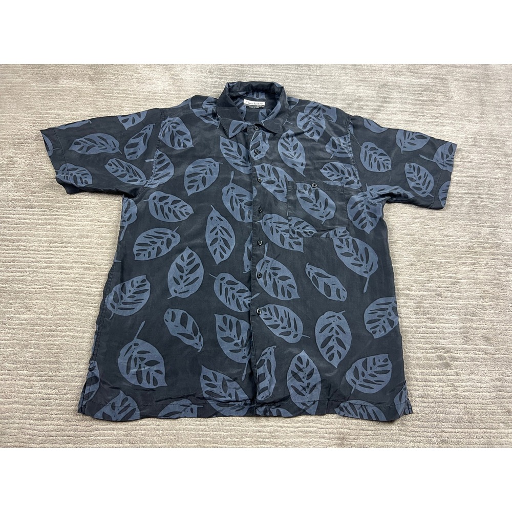Firethorn Silver Mens Large 100% Silk Short Sleeve Leaf Print Button Down Shirt